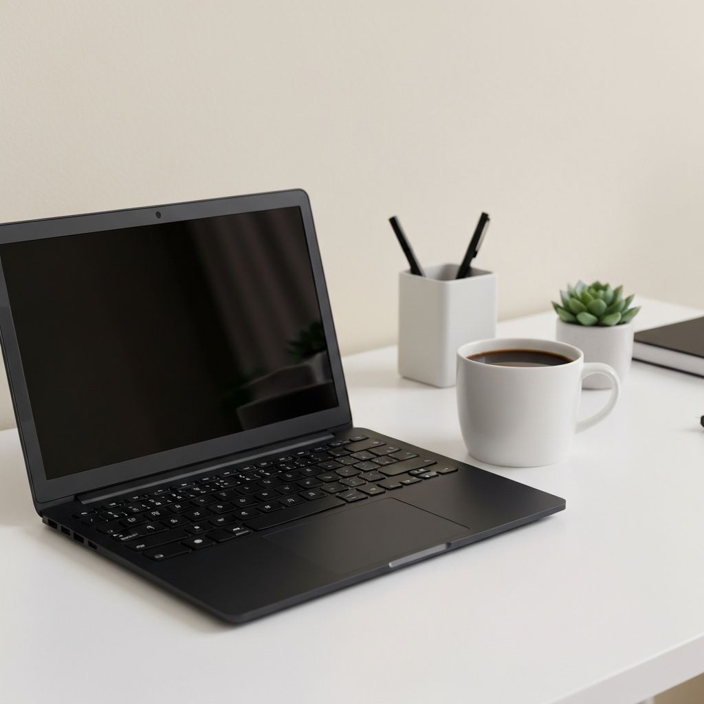 Laptop and coffee on a minimalist desk