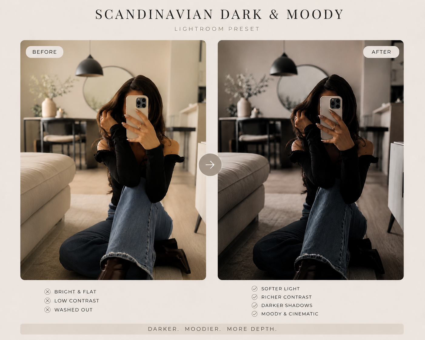Scandinavian Dark and Moody preset before and after