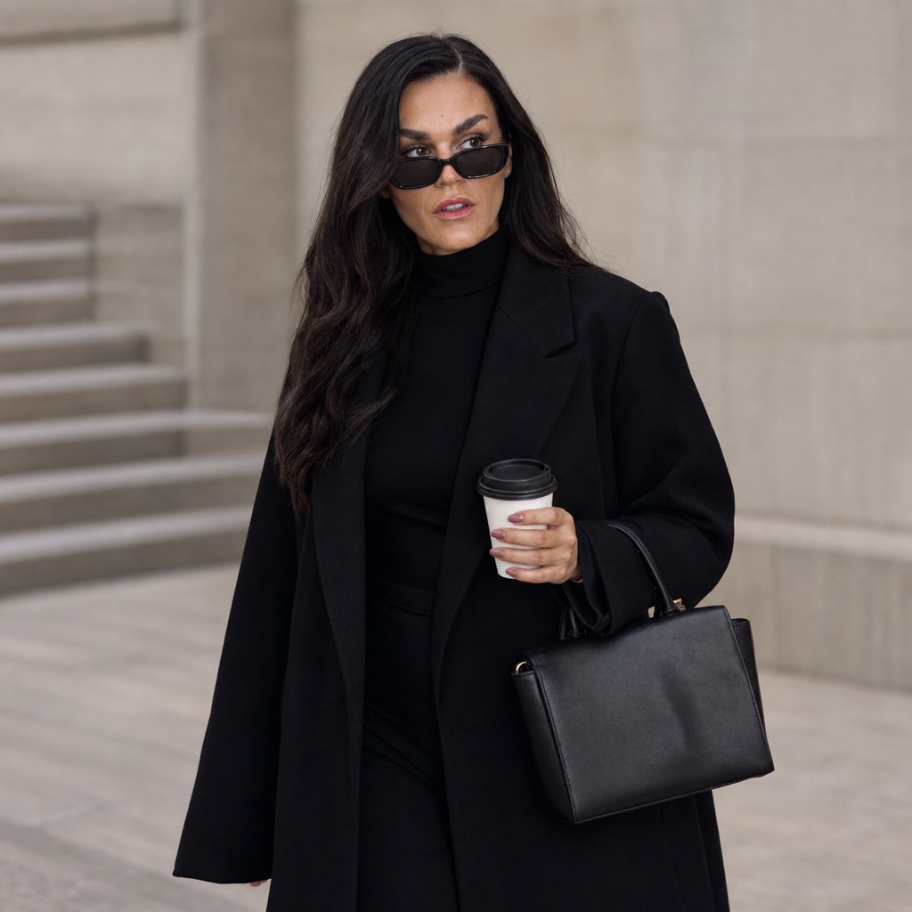 Sandra in a black coat holding coffee