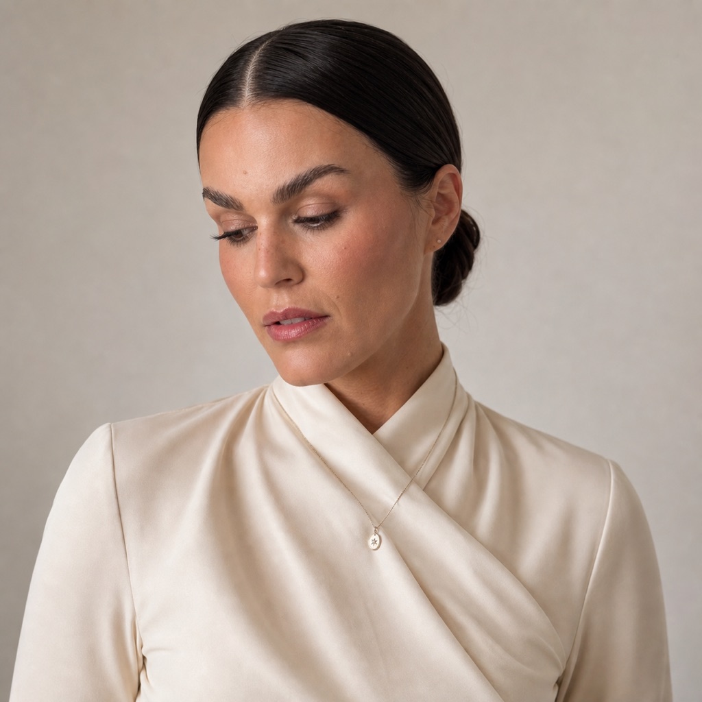 Close portrait of Sandra in an ivory wrap blouse